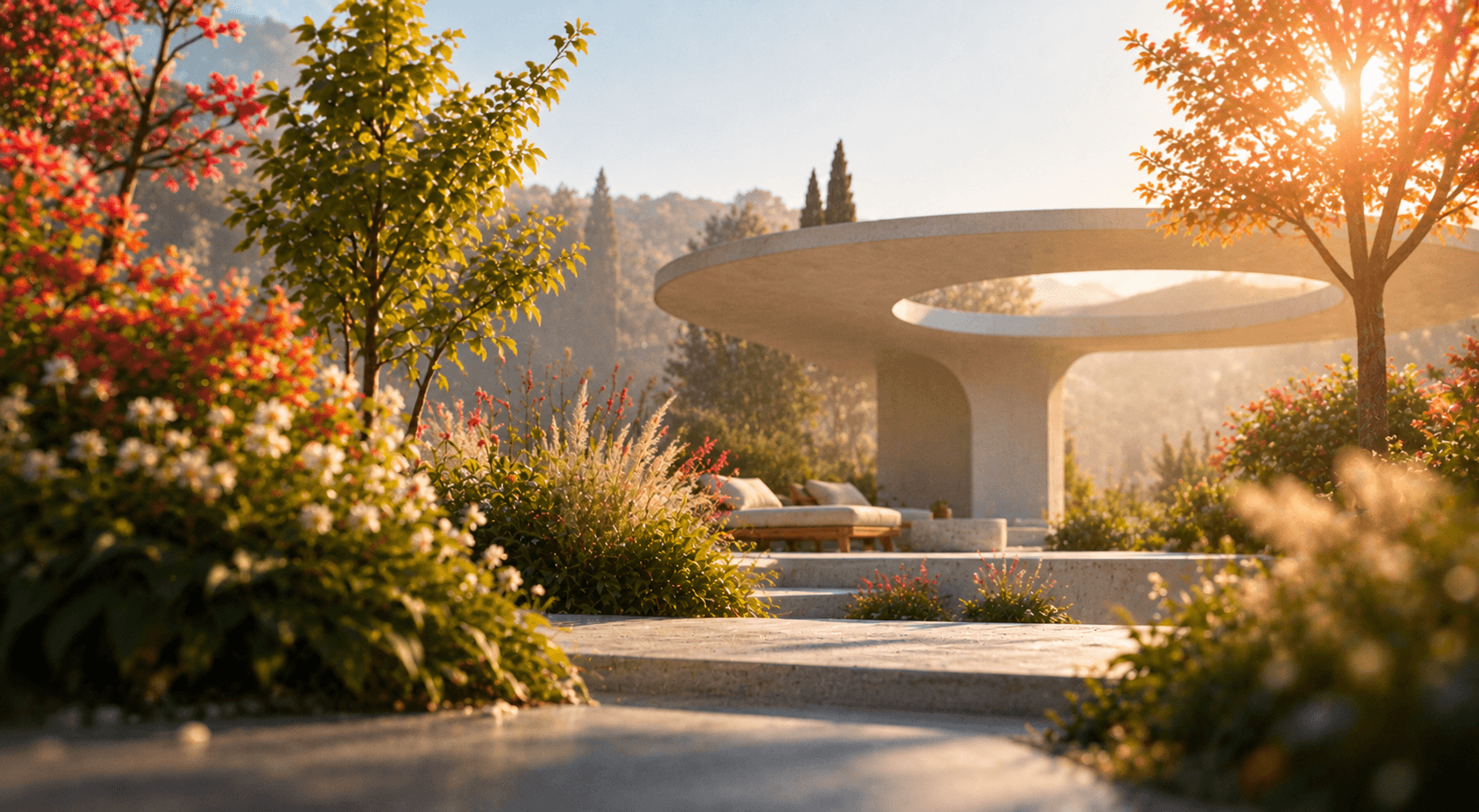 Sunlit garden pavilion with a circular concrete roof, surrounded by flowering trees