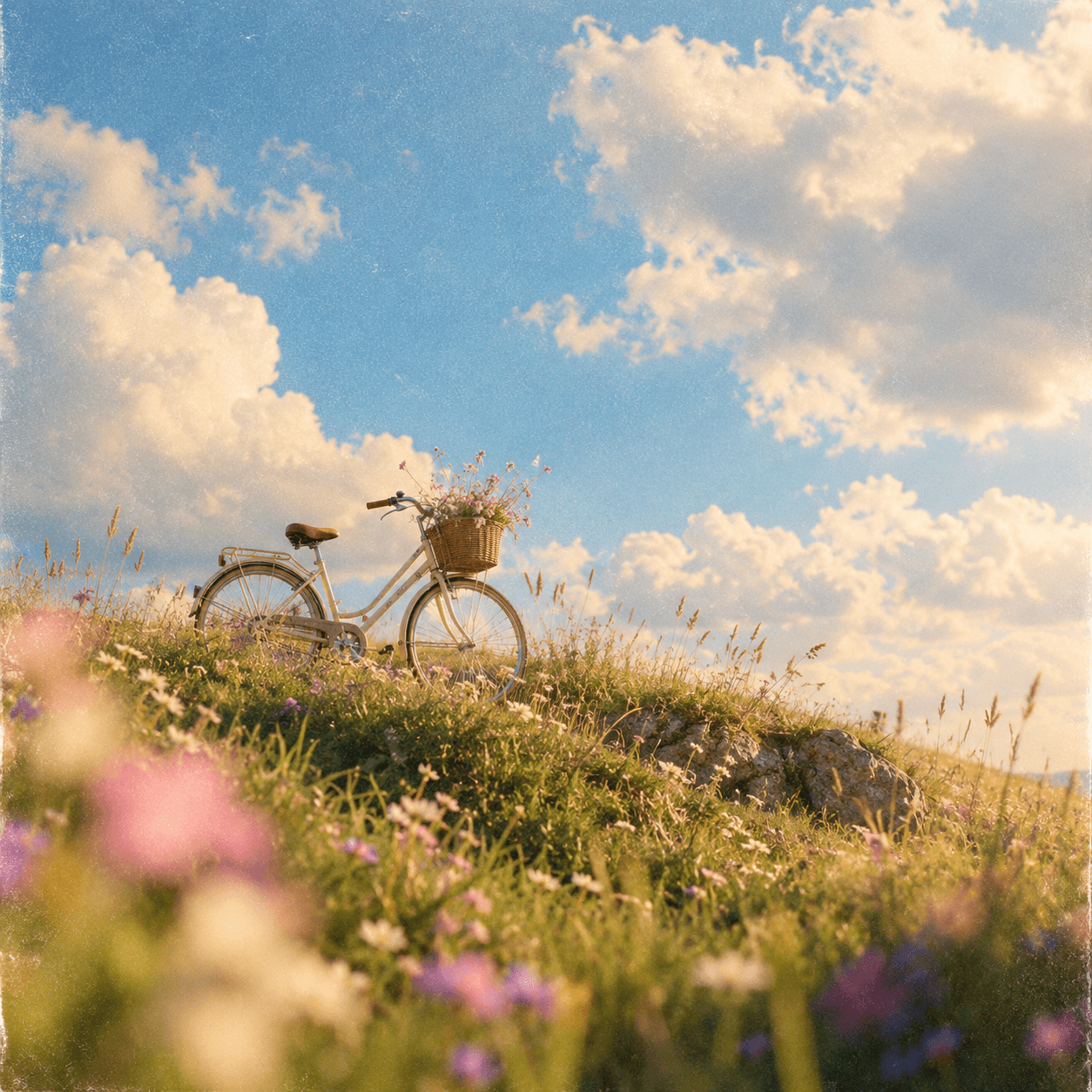 Bicycle with a basket of wildflowers resting on a sunny meadow