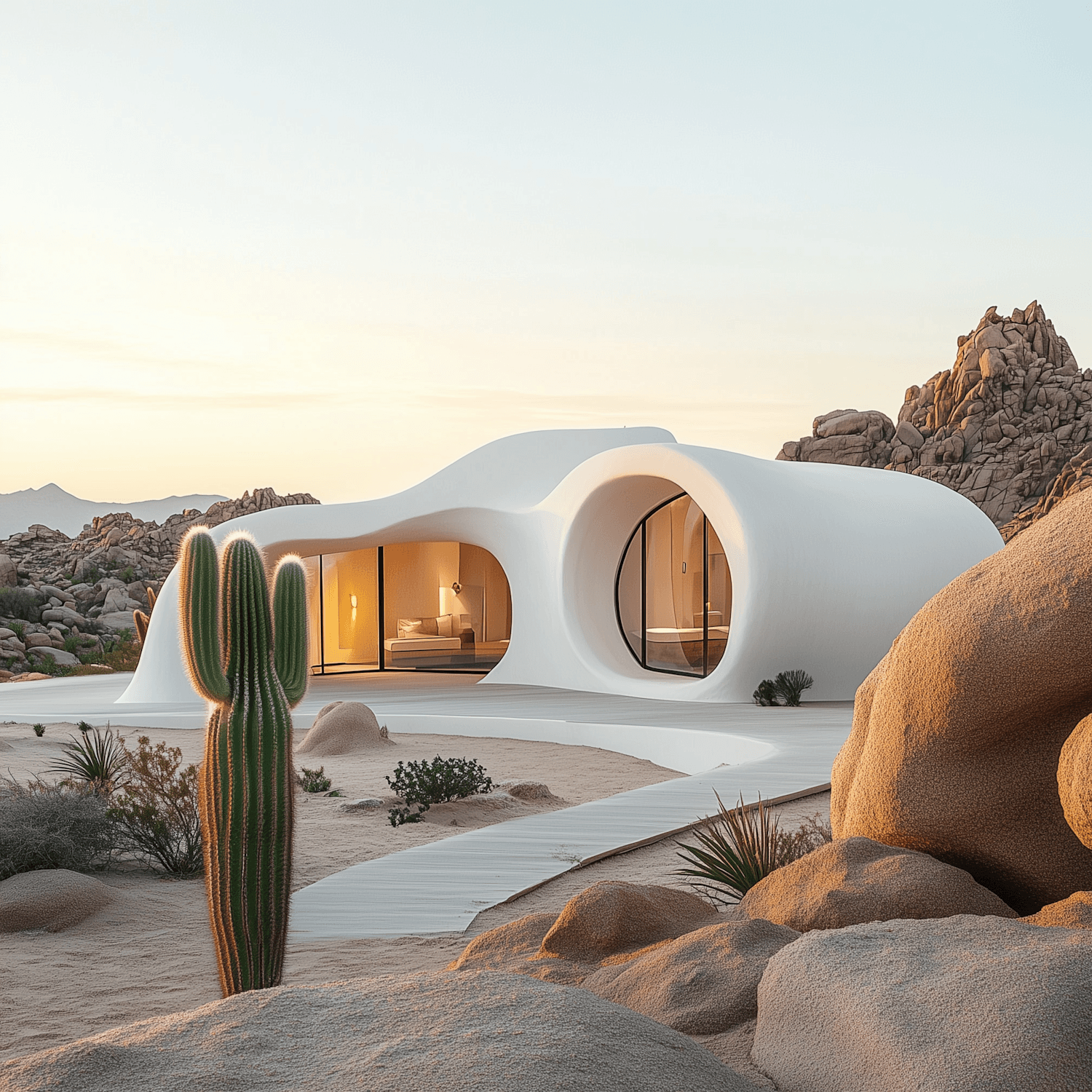Sculptural white house in a desert landscape at dusk